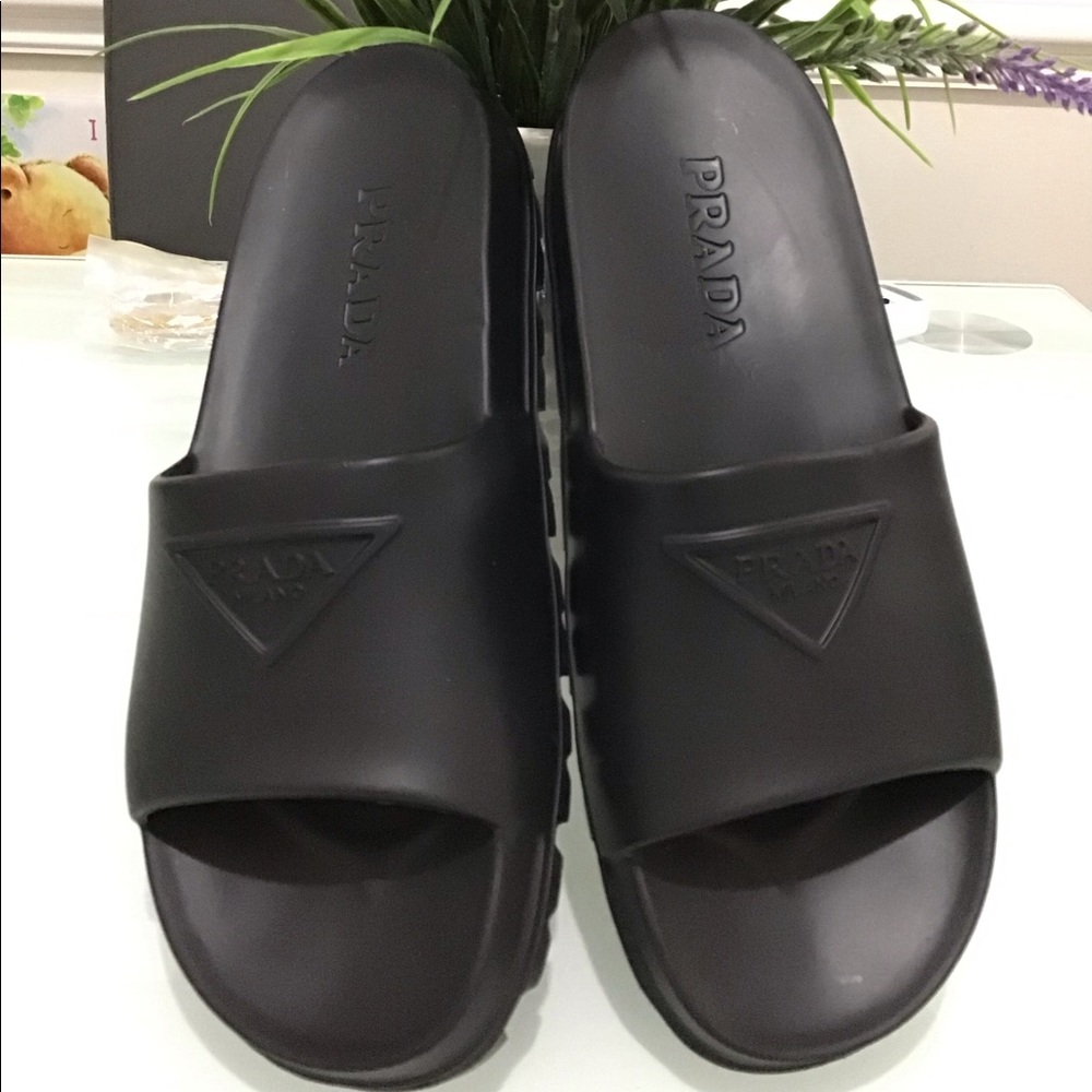 Prada logo slides slippers